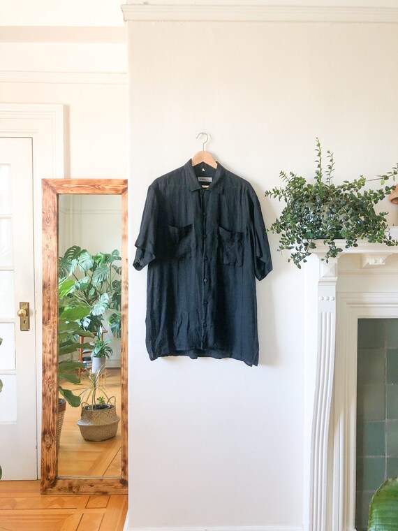 Vintage 90s Black Linen Button Up Short Sleeve Col