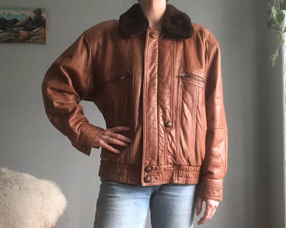 Vintage 70s Brown Leather Fur Collar Military Cla… - image 4