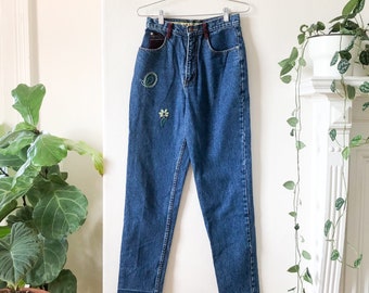 Vintage 80s Dark Wash High Waist Embroidered Jeans