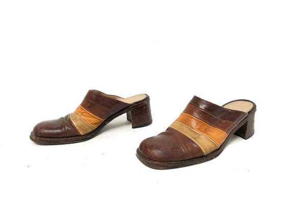 Vintage 70s Brown Leather Slide Sandals / Retro 7… - image 5