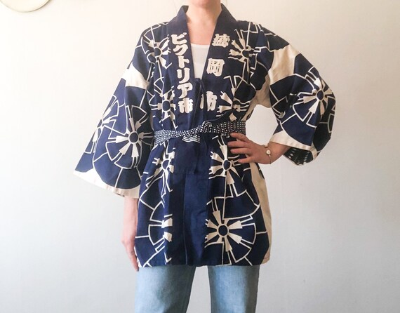 Vintage 80s White, Blue and Red Asian Kimono Robe - image 5