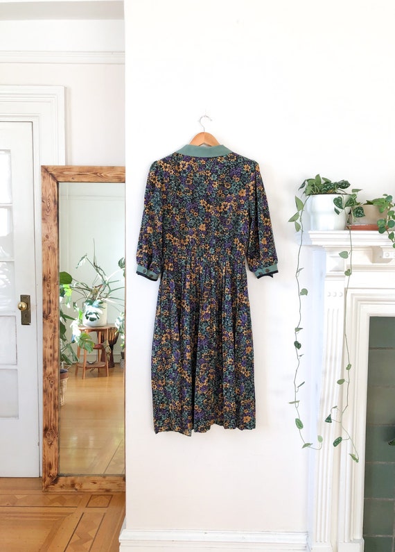 Vintage 50s Floral Button Up Collared Full Skirt … - image 9