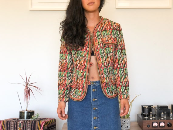 Vintage 60s Knit Rainbow Abstract Colorful Blazer… - image 1