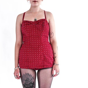 Vintage 50s Jantzen Bombshell Cotton Pinup Swimsuit / Retro 50s One Piece Bathing Suit / Red Burlesque Glam Audrey Marilyn Swimsuit XS