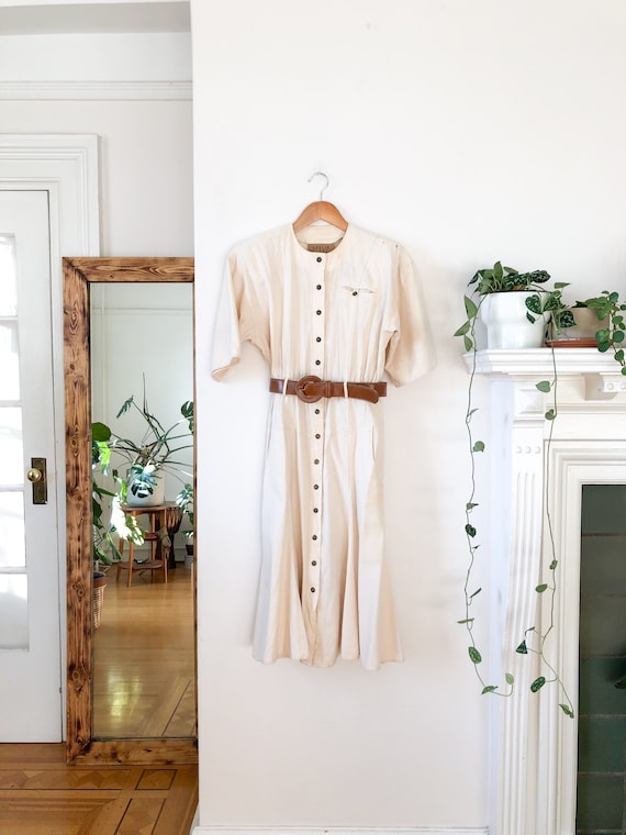 Vintage 90s Creamy White Full Skirt Swing Dress S / White Cotton Minimalist  Button up Shirtdress With Belt S