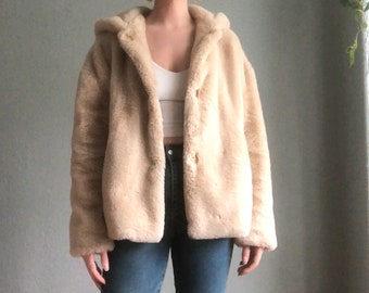 Vintage Y2K Beige Faux Fur Hooded Cozy Winder Jacket L