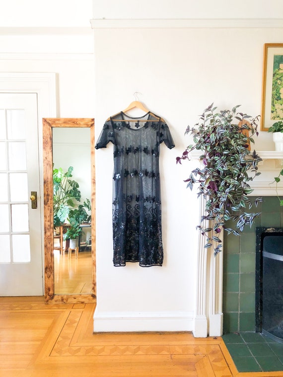 Vintage 50s Black Sheer Sequin Lace Mesh Straight