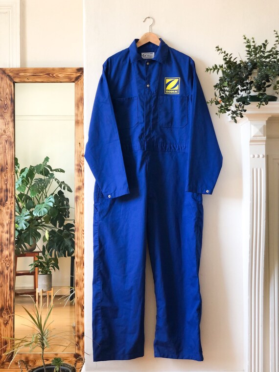 Vintage 70s Zodiac Blue and Yellow Mens Coveralls // … Gem