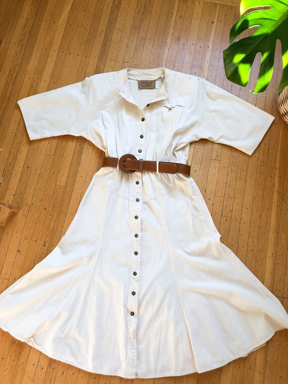 Vintage 90s Creamy White Full Skirt Swing Dress S / White Cotton Minimalist Button up Shirtdress With Belt S