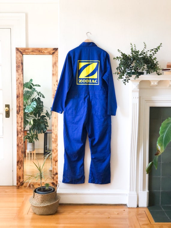 Vintage 70s Zodiac Blue and Yellow Mens Coveralls… - image 3