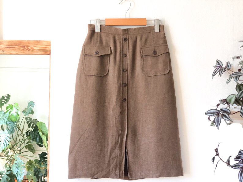 Vintage 60s Tan Button Front High Waist Skirt 26 / Tan Cargo Safari Skirt / Button Front Cargo Military High Waist Skirt 26 image 8