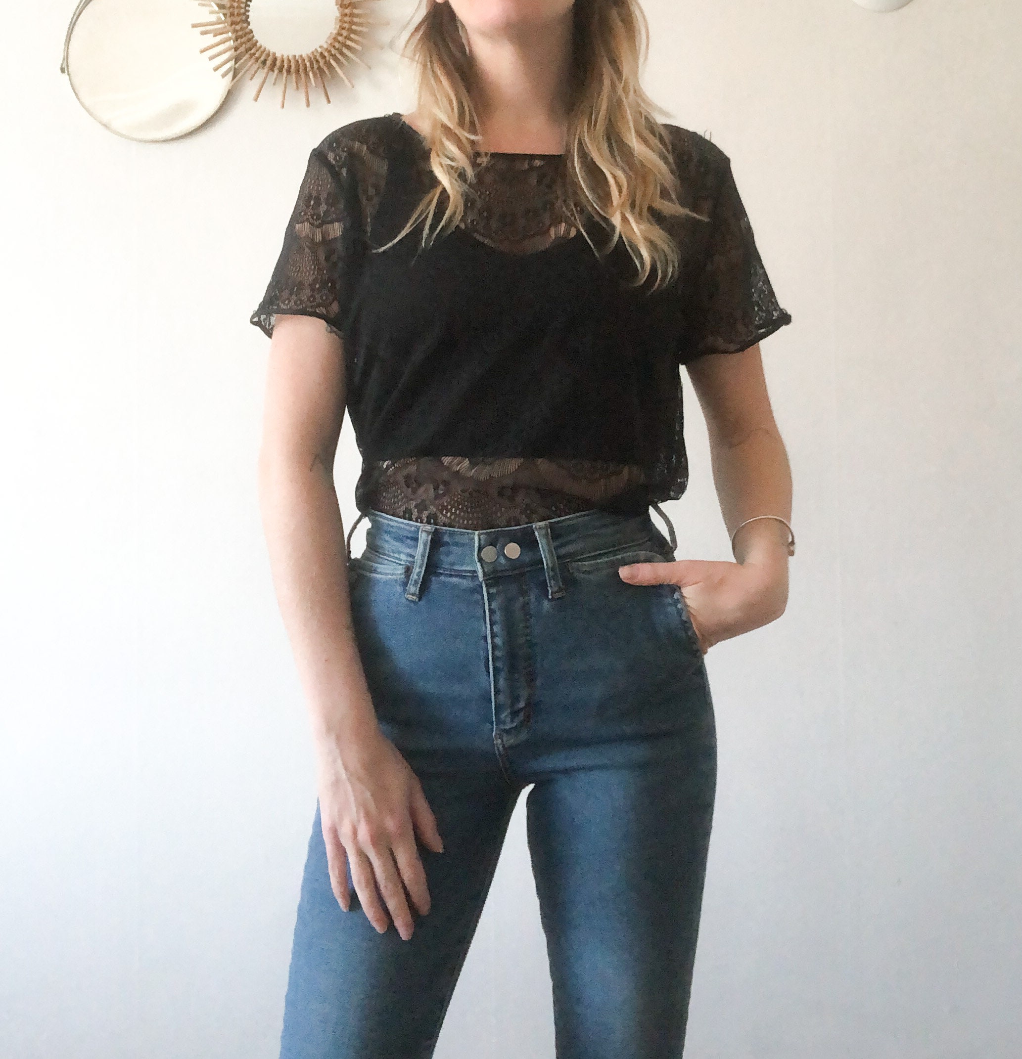 Vintage 80s Black Lace Sheer See Thru Short Sleeve Pullover