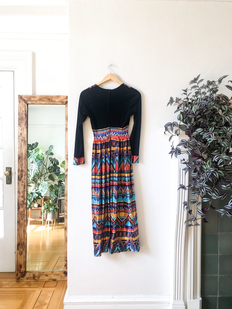 Vintage 60s Empire Waist Long Sleeve Full Skirt Velvet Floor Length Hippie Maxi Dress XS