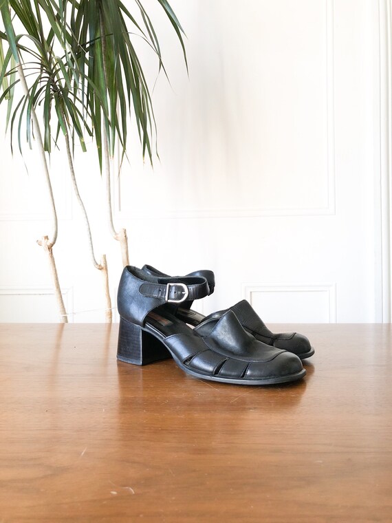 Vintage 90s Black Leather Chunky Heel 