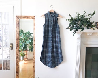 Vintage** 90s Plaid Sleeveless Grunge Punk Rock Button Up Collared Midi Dress S