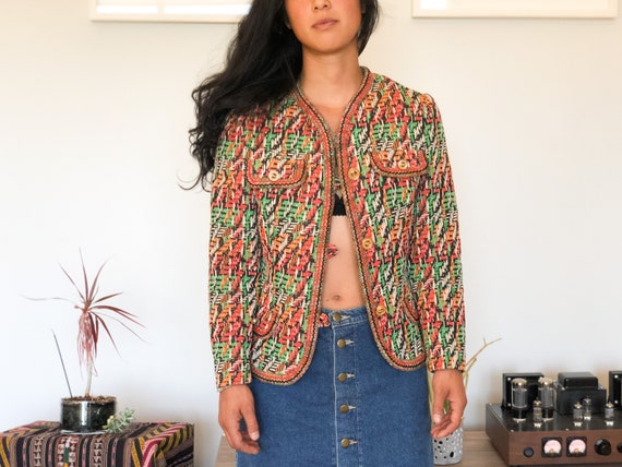 Vintage 60s Knit Rainbow Abstract Colorful Blazer… - image 3