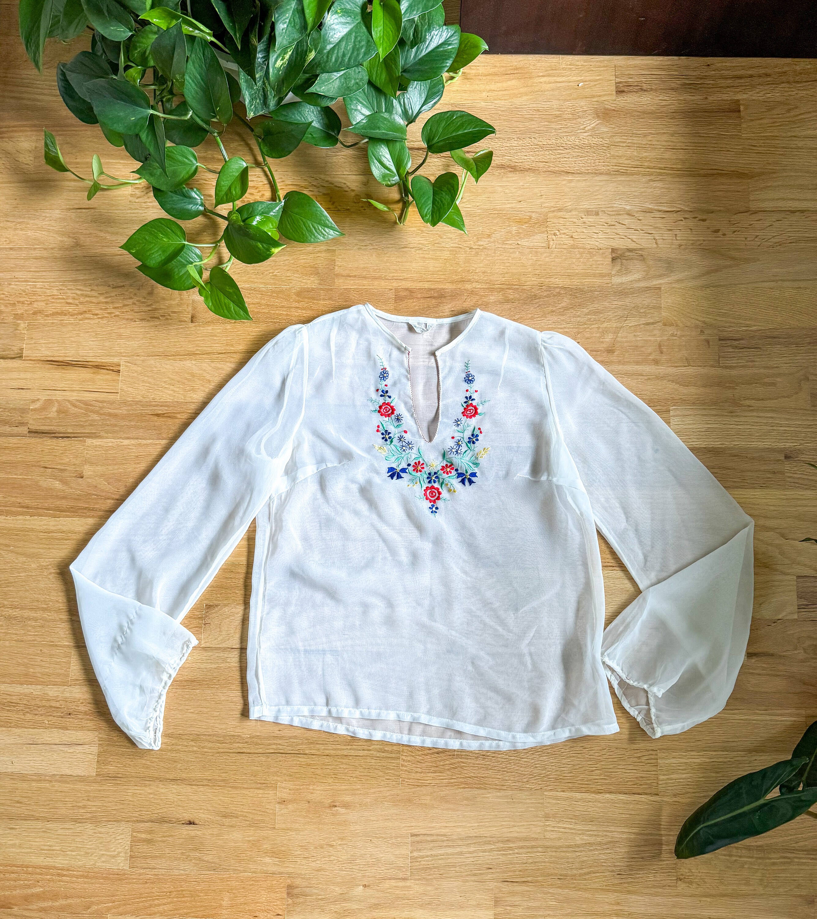 Vintage 70s Embroidered Floral Sheer Bell Sleeve Blouse M - Etsy