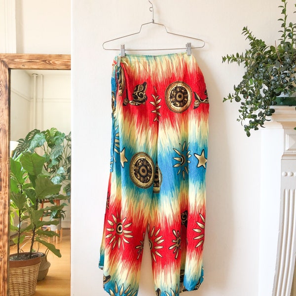 Vintage 90s Beach Cover Up Hippie Bohemian Gypsy Nomad Colorful Beach Pants / Tie On Baggy Loose Vacation Meditation Yoga Pants OS