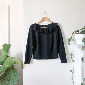 Vintage 50s Handmade Black Wool Ruffle Neck Long Sleeve Blouse S