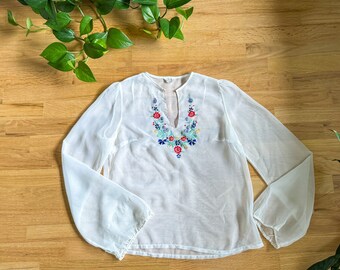 ヴィンテージ 70 年代 刺繍 花柄 シアー ベルスリーブ ブラウス M 