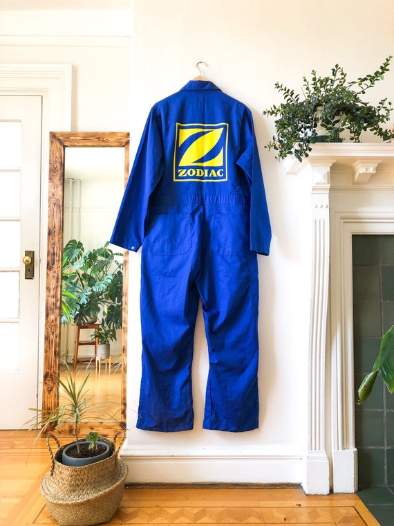 Vintage 70s Zodiac Blue and Yellow Mens Coveralls… - image 9