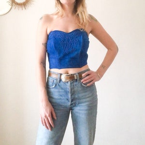 Vintage 80s Blue Suede Tube Crop Top