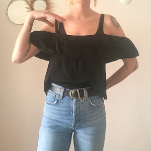 Vintage 90s Black Satin Cold Shoulder Formal Blouse Crop Top S