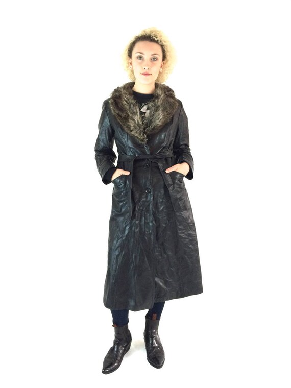 Vintage 70s Long Leather Fur Collar Belted Coat Brown Black Jacket Glam Mod Princess Formal Opera S M