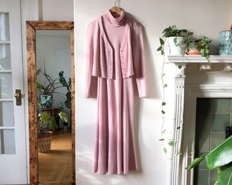 Vintage 90s Pink Two Piece Maxi Dress Set / Dress and Cardigan Set