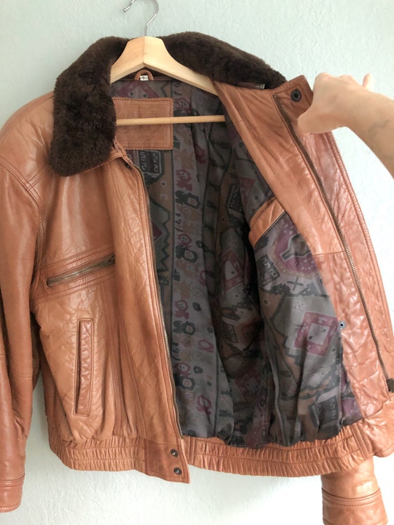 Vintage 70s Brown Leather Fur Collar Military Cla… - image 10