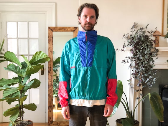 Vintage 90s Green Blue Red Color Blocked Windbreak