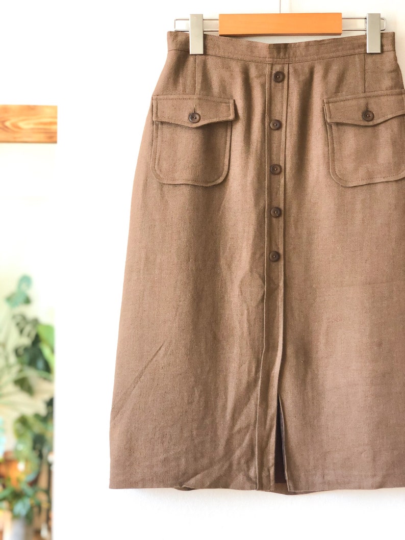 Vintage 60s Tan Button Front High Waist Skirt 26 / Tan Cargo Safari Skirt / Button Front Cargo Military High Waist Skirt 26 image 6