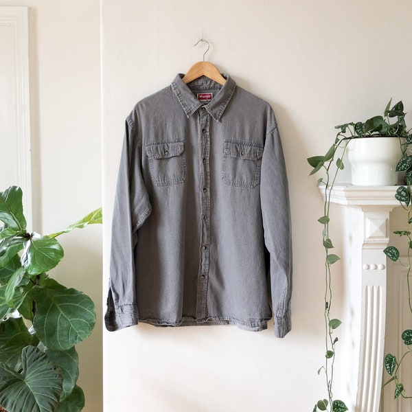 Vintage 80s WRANGLER Grey Cotton Long Sleeve Button Down Shirt XXL