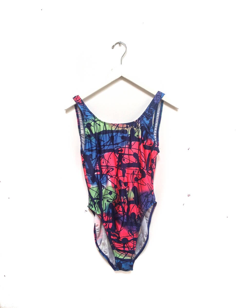 Vintage 80s All Over Print Swimsuit Scoop Back One Piece Etsy