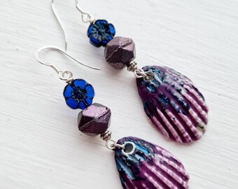 Purple pink shell earrings ceramic charms seaside ocean beach inspired jewellery lampwork beads czech glass jewelry unique sterling silver