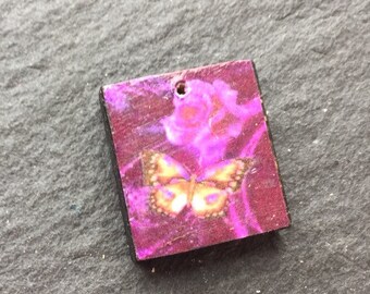 Purple rose charm, patterned flower wooden scrabble tile painted black handmade jewellery supplies jewelry components crafting beads craft
