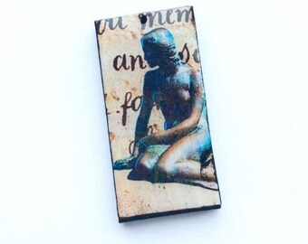 The little mermaid statue wooden pendant - rectangular tile painted black handmade charm resin jewellery jewelry supplies ooak