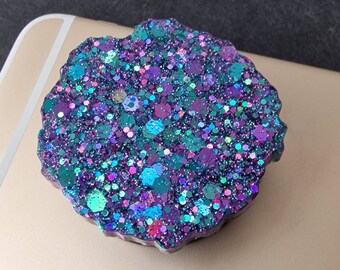 Purple turquoise glitter resin phone grip. Geode shaped with black folding grip base gift idea unique tech accessory