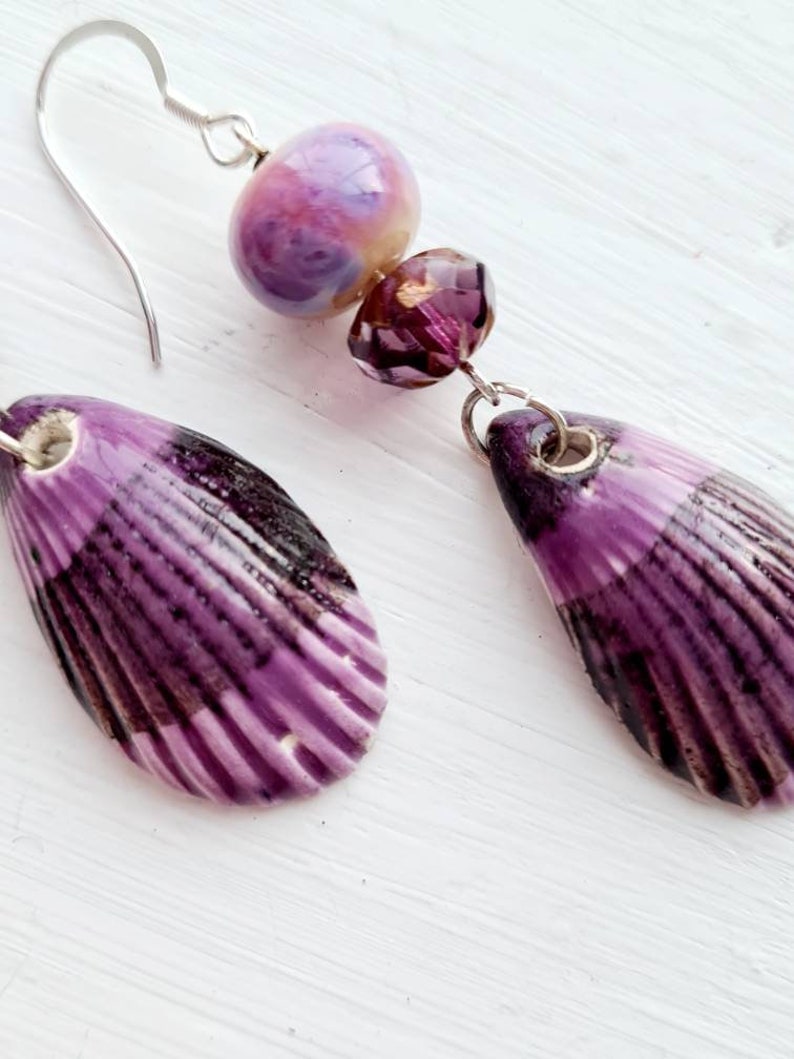 Purple pink shell earrings ceramic charms seaside ocean beach inspired jewellery lampwork beads czech glass jewelry unique sterling silver