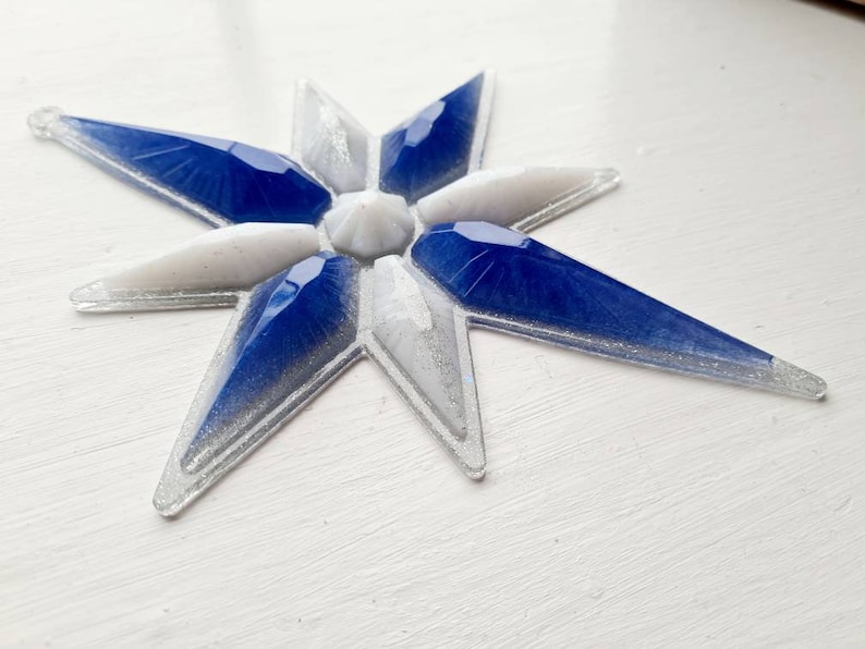 Large resin star decoration blue white silver glitter Christmas hanging xmas ornament holiday shimmer ribbon chunky home unique