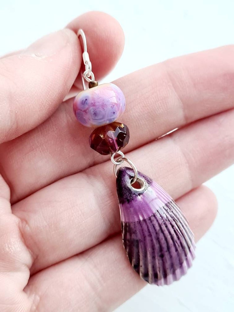 Purple pink shell earrings ceramic charms seaside ocean beach inspired jewellery lampwork beads czech glass jewelry unique sterling silver