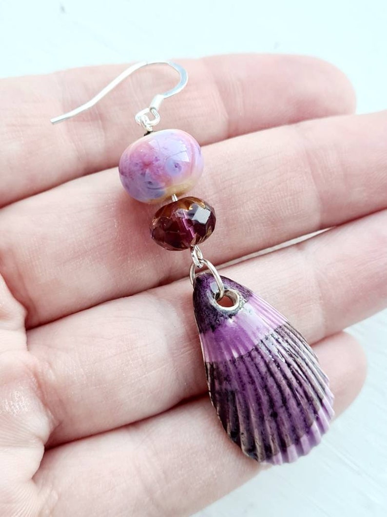 Purple pink shell earrings ceramic charms seaside ocean beach inspired jewellery lampwork beads czech glass jewelry unique sterling silver