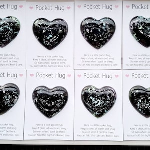 Black Resin heart pocket hug. Blue  yellow heart charm. Gift / keepsake on display card
