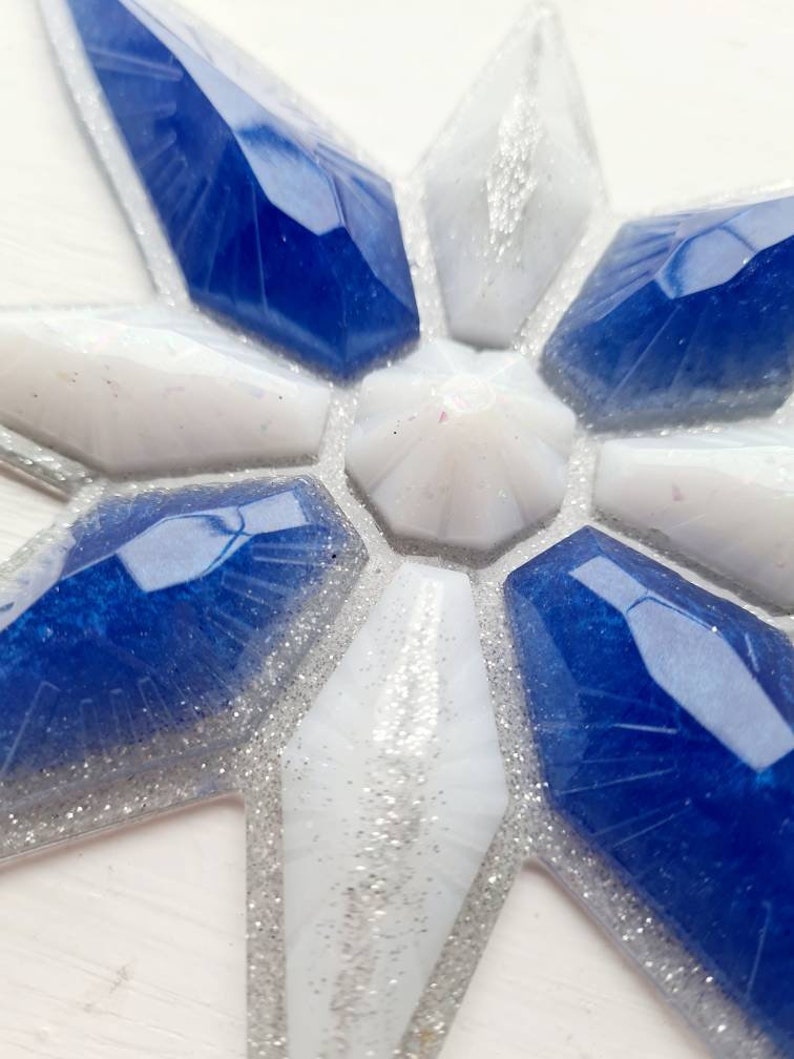 Large resin star decoration blue white silver glitter Christmas hanging xmas ornament holiday shimmer ribbon chunky home unique