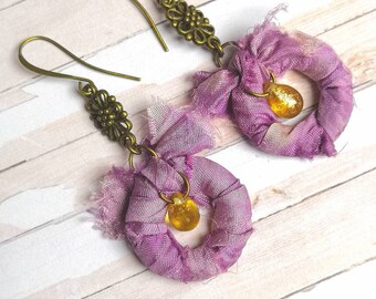 Lilac and gold sari silk hoop earrings - gold sparkly czech glass tear drop beads antique bronze connectors unique jewellery wrapped jewelry