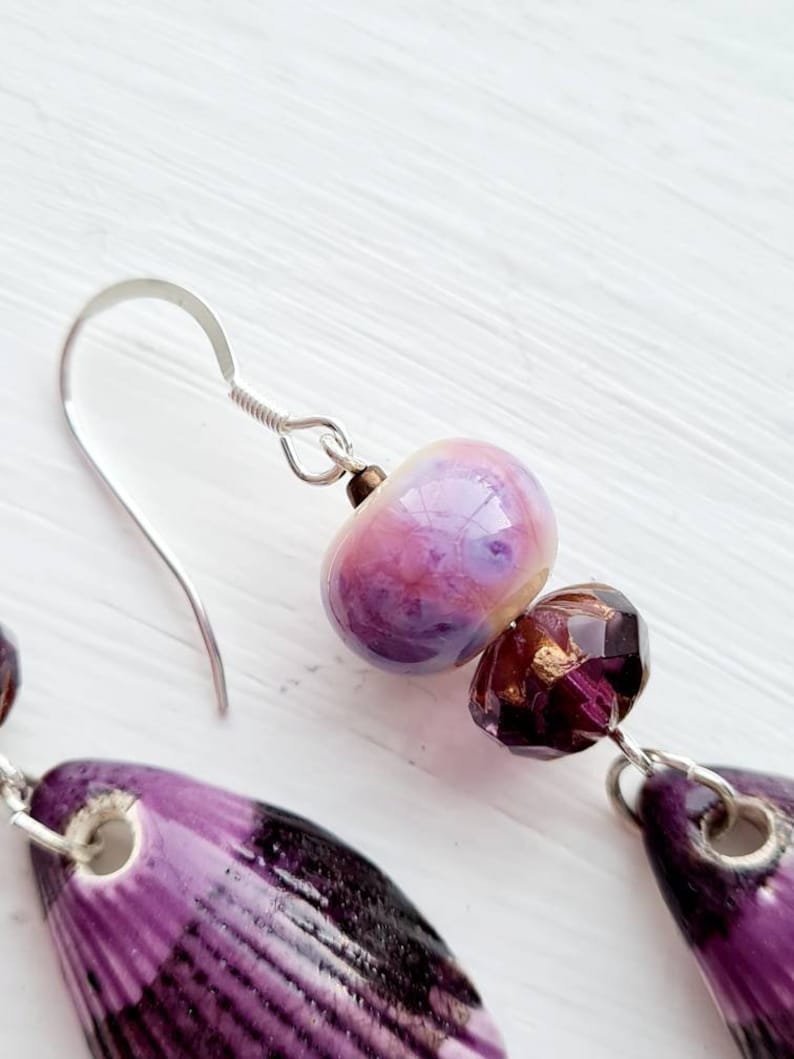 Purple pink shell earrings ceramic charms seaside ocean beach inspired jewellery lampwork beads czech glass jewelry unique sterling silver