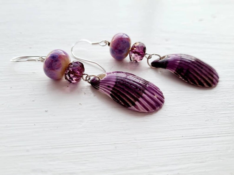 Purple pink shell earrings ceramic charms seaside ocean beach inspired jewellery lampwork beads czech glass jewelry unique sterling silver