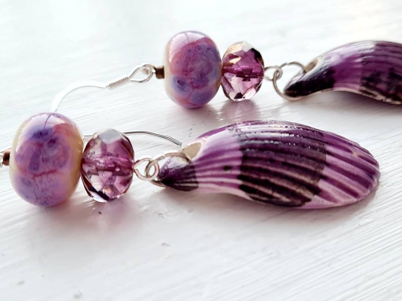 Purple pink shell earrings ceramic charms seaside ocean beach inspired jewellery lampwork beads czech glass jewelry unique sterling silver
