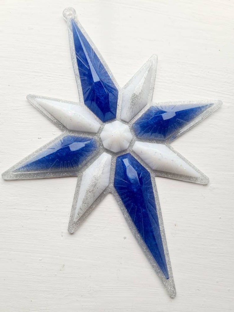 Large resin star decoration blue white silver glitter Christmas hanging xmas ornament holiday shimmer ribbon chunky home unique