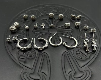 Cross flower Earring,Rock Silver Earring,Bent Crown Staff Earring,Punk Earring, Motorcycle Accessories, Jewelry Gifts